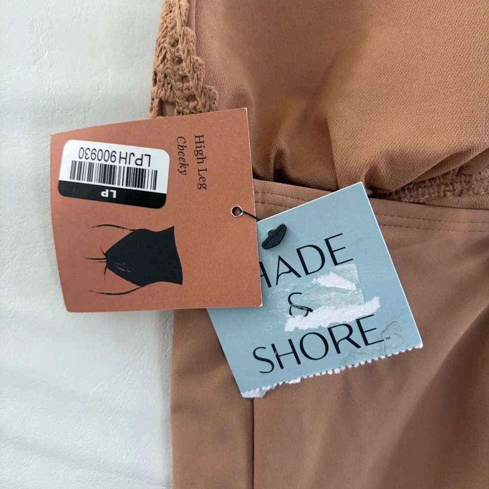 Shade‎ & Shore Women Brown Crochet High Leg Cheeky One Piece Swimsuit Large NEW